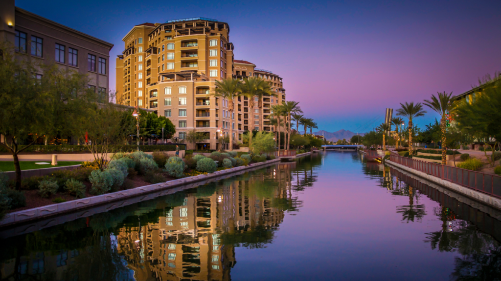 Scottsdale, Arizona downtown with canal view